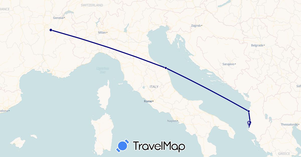 TravelMap itinerary: driving in Albania, France, Italy (Europe)